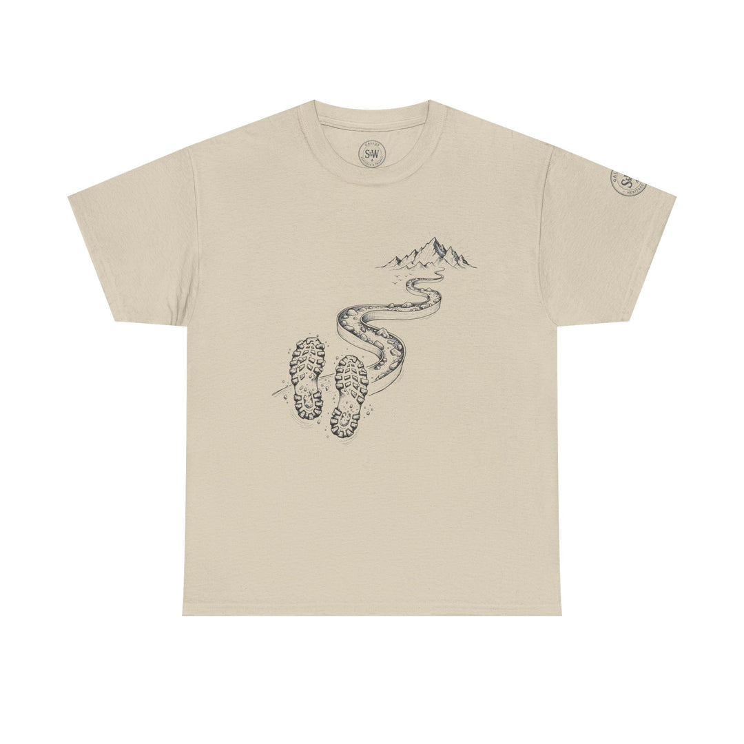 Beige t-shirt by S&amp;W Gallus featuring a graphic of a mountain trail with footprints.