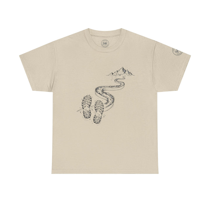 Beige t-shirt by S&amp;W Gallus featuring a graphic of a mountain trail with footprints.