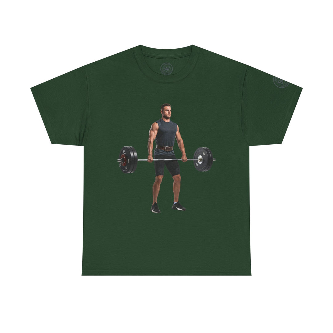 Green graphic t-shirt by S&amp;W Gallus featuring a weightlifter lifting a barbell.