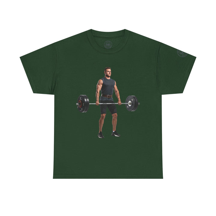Green graphic t-shirt by S&amp;W Gallus featuring a weightlifter lifting a barbell.
