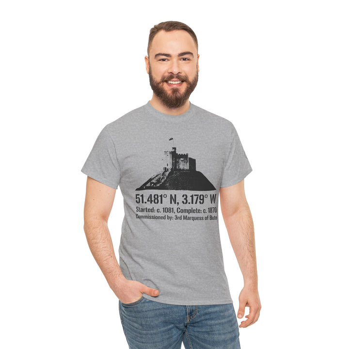 Gray Cardiff Castle T-shirt by S&amp;W Gallus featuring a landmark graphic, paired with jeans on a model.