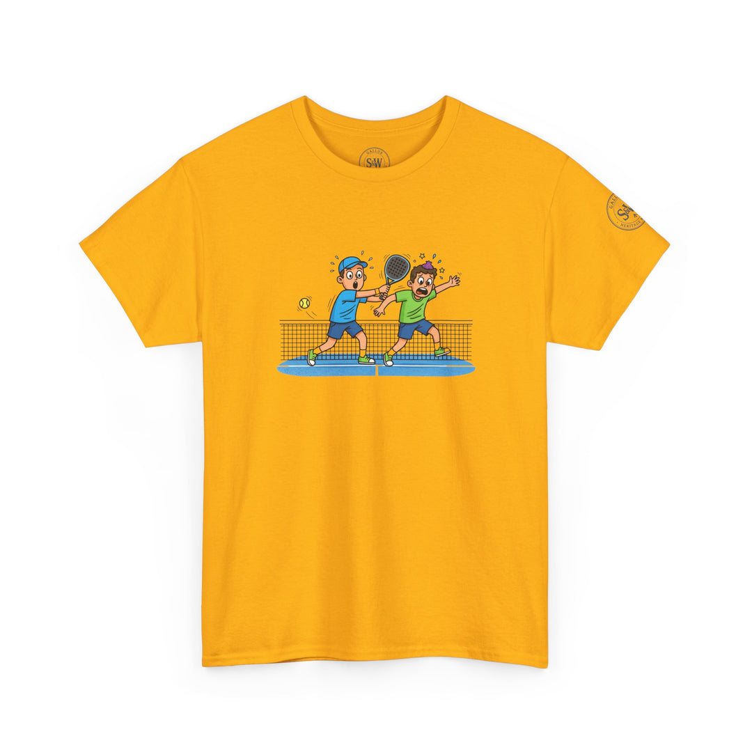 Golden yellow t-shirt by S&amp;W Gallus, displaying a graphic of two cartoon players playing padel.