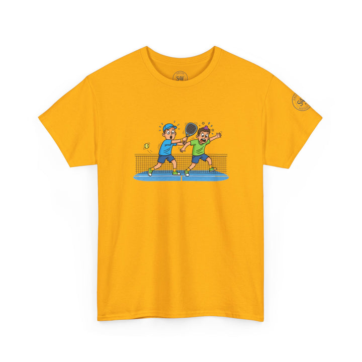 Golden yellow t-shirt by S&amp;W Gallus, displaying a graphic of two cartoon players playing padel.