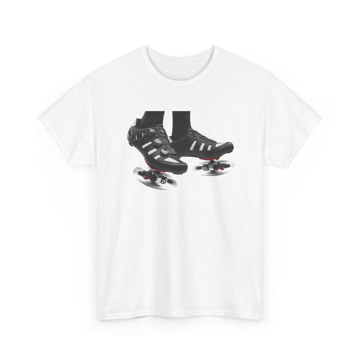Spin Shoes Tee – soft, breathable cotton featuring a cycling shoes graphic. Perfect for spin classes, indoor workouts, and casual activewear.