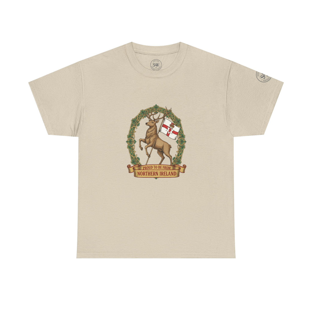 Beige t-shirt by S&amp;W Gallus featuring a Northern Ireland stag graphic with shamrock wreath and banner.