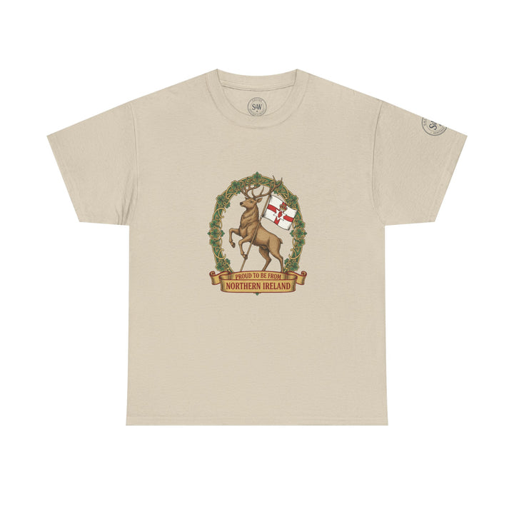 Beige t-shirt by S&amp;W Gallus featuring a Northern Ireland stag graphic with shamrock wreath and banner.