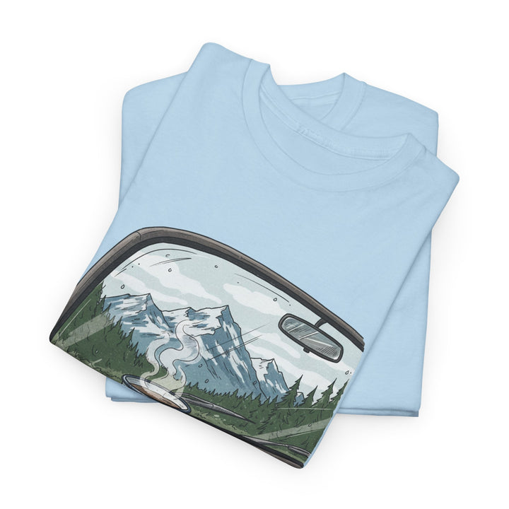 Van Roadtrip View T-Shirt featuring a scenic travel-inspired design. Soft cotton comfort perfect for van life, road trips, and outdoor adventures.