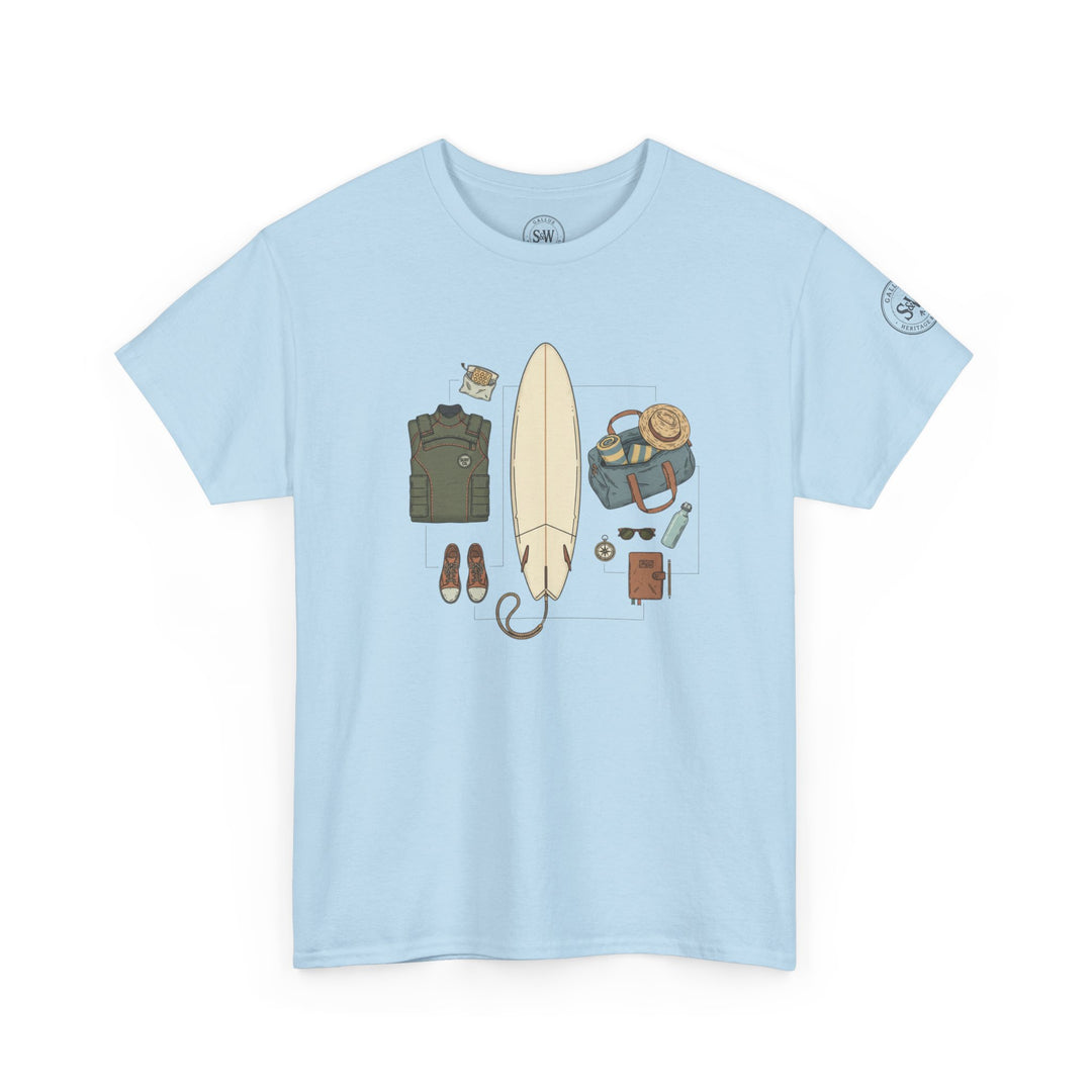 Light blue t-shirt by S&amp;W Gallus with a surfing themed graphic on the front.