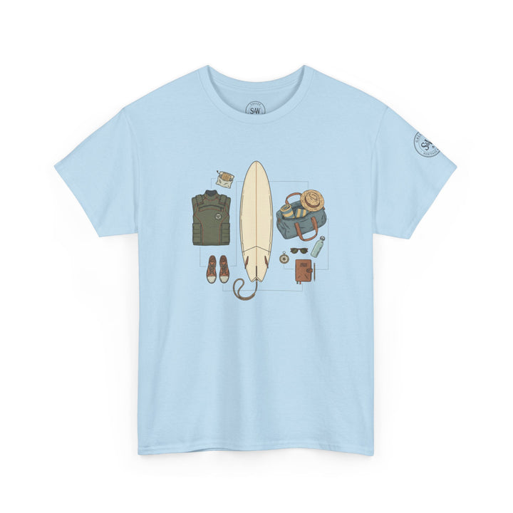 Light blue t-shirt by S&amp;W Gallus with a surfing themed graphic on the front.