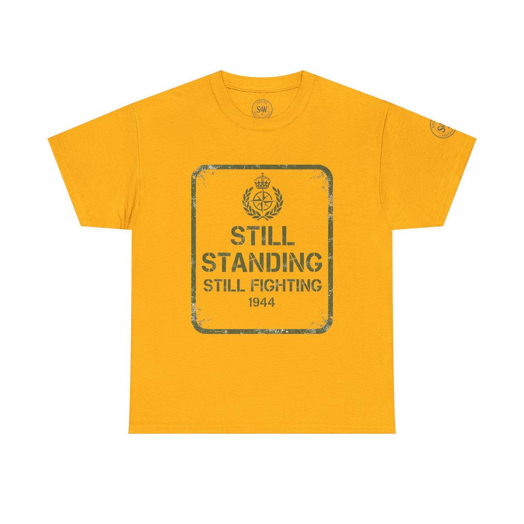 Mustard yellow t-shirt by S&amp;W Gallus with a distressed military-themed graphic on the front.