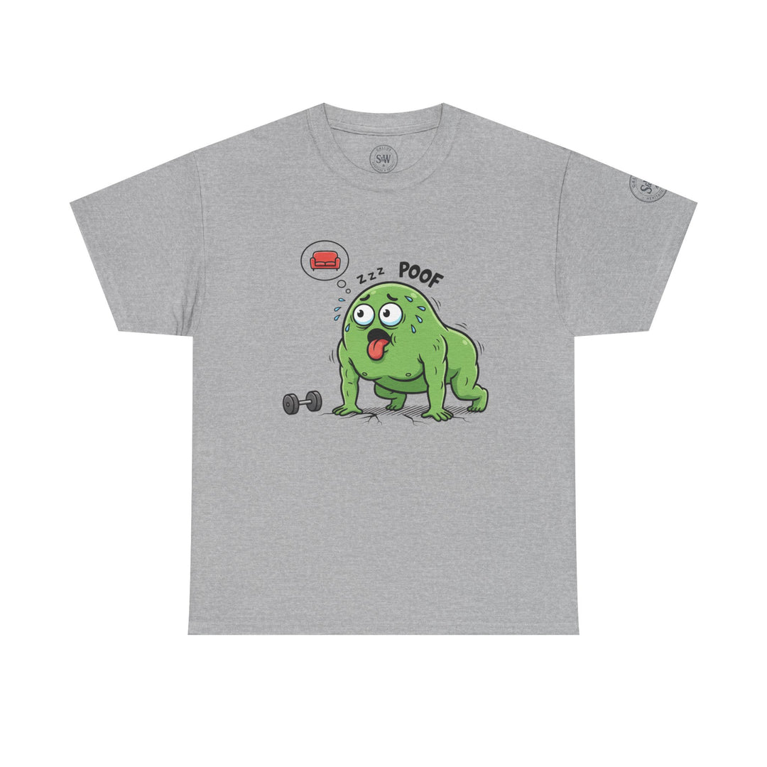 Gray t-shirt with a cartoon graphic by S&amp;W Gallus, featuring a tired, green creature with dumbbells.