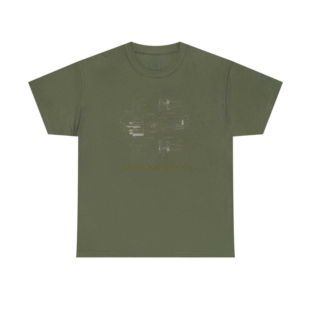 Olive green t-shirt by S&amp;W Gallus with a Supermarine Spitfire blueprint schematic design on the front.