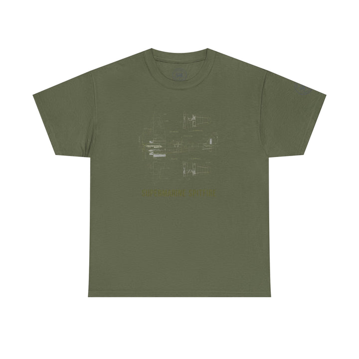 Olive green t-shirt by S&amp;W Gallus with a Supermarine Spitfire blueprint schematic design on the front.