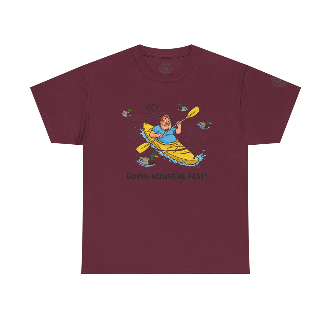 Maroon t-shirt by S&amp;W Gallus featuring a cartoon graphic of a man kayaking with confused question marks and ducks.