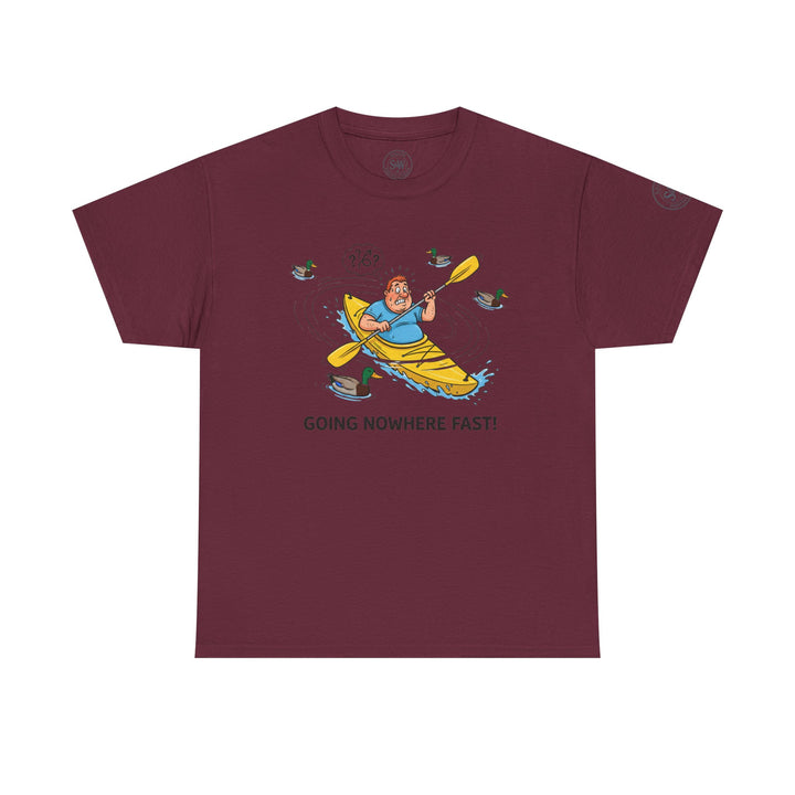Maroon t-shirt by S&amp;W Gallus featuring a cartoon graphic of a man kayaking with confused question marks and ducks.
