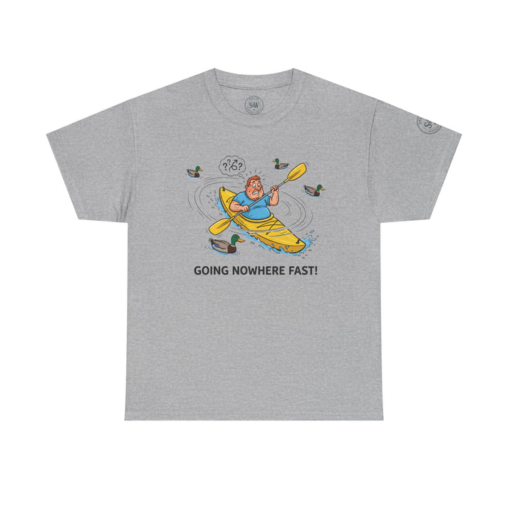 Heather gray t-shirt by S&amp;W Gallus, featuring a cartoon of a man paddling in circles surrounded by ducks.
