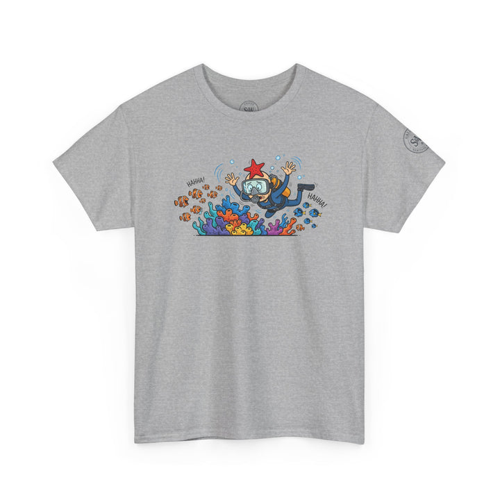 Gray diver t-shirt by S&amp;W Gallus with a colorful coral reef and cartoon scuba diver design.