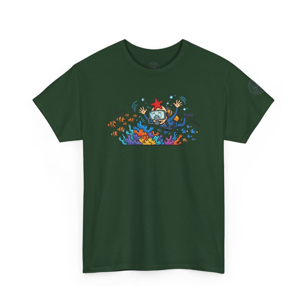 Green t-shirt with a diver and coral reef graphic by S&amp;W Gallus, displayed on a white background.
