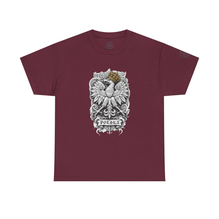 Maroon t-shirt by S&amp;W Gallus, featuring a white eagle with a gold crown and the word "POLSKA" on the front.

