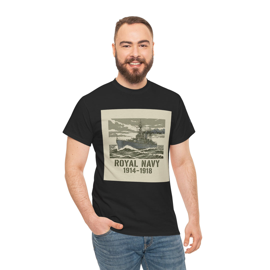 Black t-shirt with a Royal Navy battleship graphic by S&amp;W Gallus, worn with blue jeans.