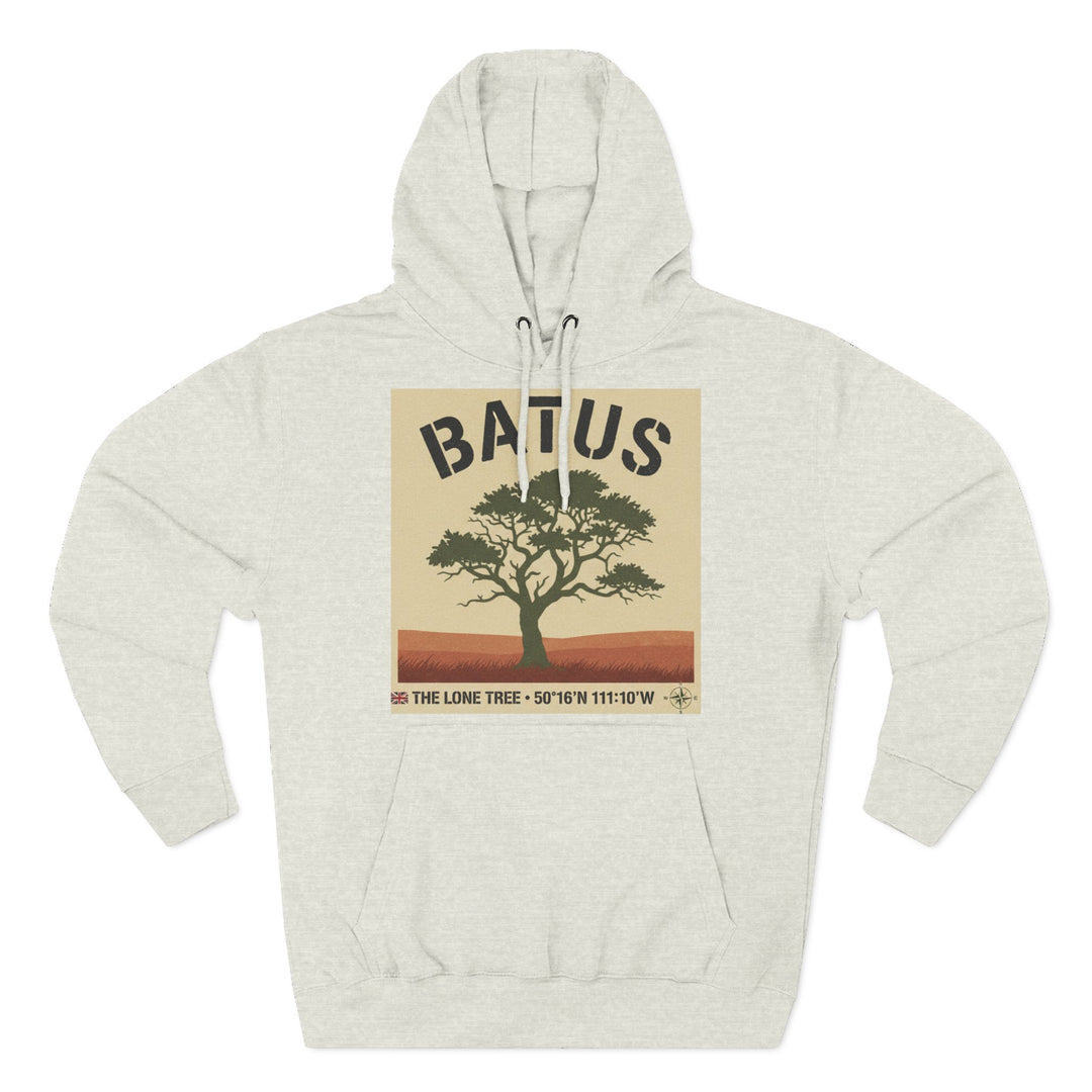 Heather gray hoodie by S&amp;W Gallus, featuring a "Batus" lone tree graphic on the front.