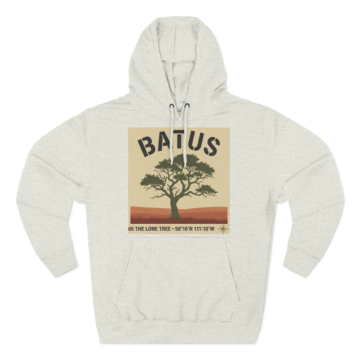 Heather gray hoodie by S&amp;W Gallus, featuring a "Batus" lone tree graphic on the front.