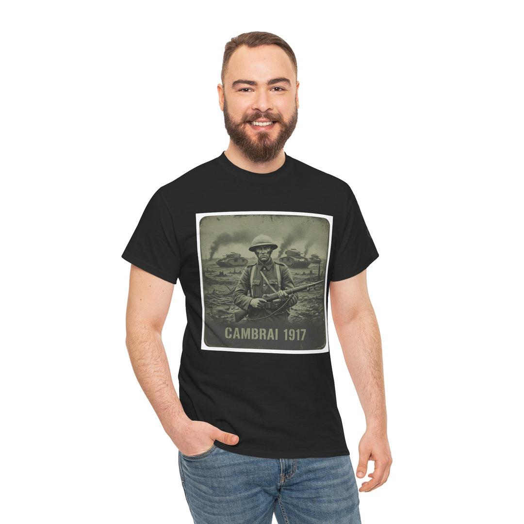 Black graphic t-shirt by S&amp;W Gallus, featuring vintage soldier graphic, styled with dark wash jeans and a smiling model.