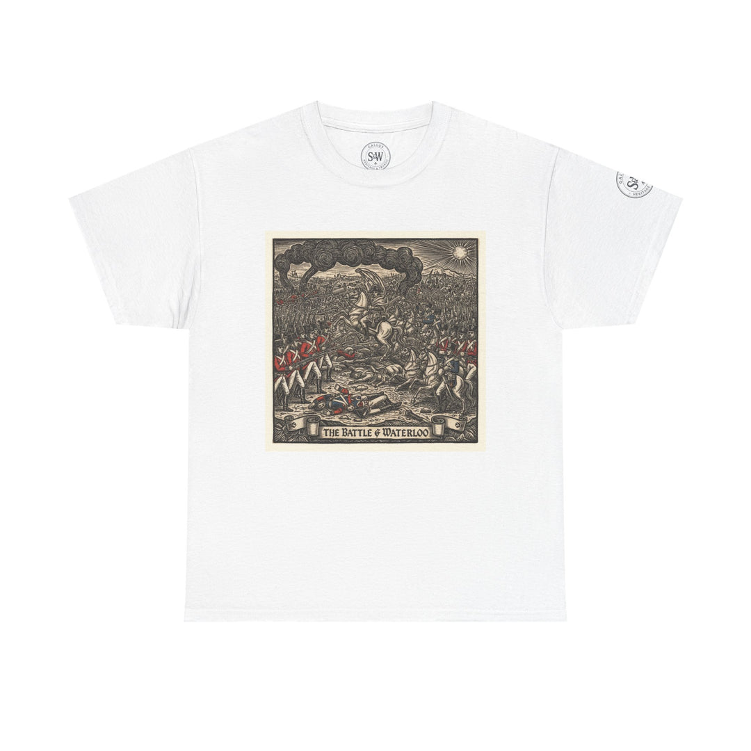 White graphic t-shirt by S&amp;W Gallus featuring a vintage illustration of the Battle of Waterloo.
