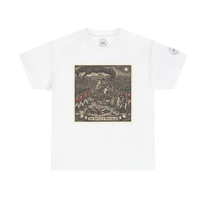 White graphic t-shirt by S&amp;W Gallus featuring a vintage illustration of the Battle of Waterloo.