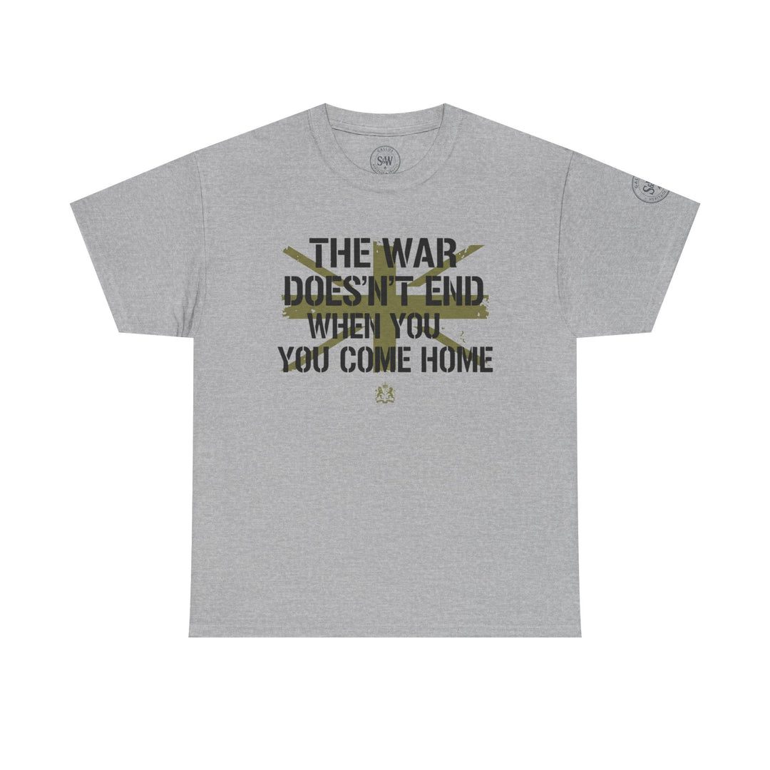 Gray graphic tee by S&amp;W Gallus with a printed text design and crest, set against a white background.