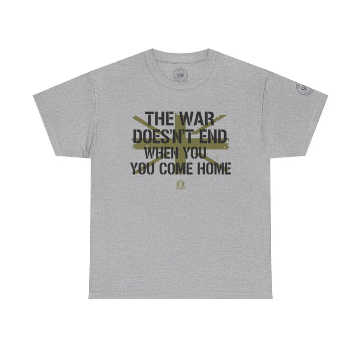 Gray graphic tee by S&amp;W Gallus with a printed text design and crest, set against a white background.