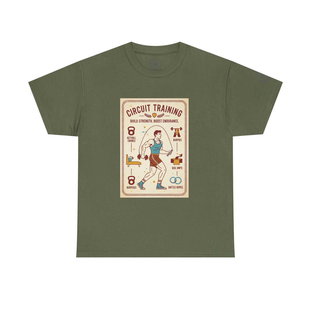 Olive green T-shirt by S&amp;W Gallus, featuring a "Circuit Training" graphic print, presented on a white background.