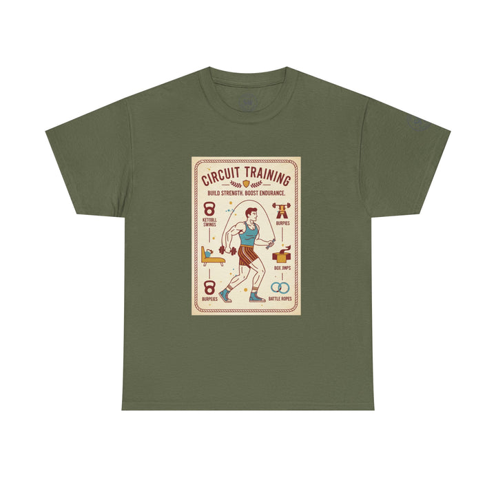 Olive green T-shirt by S&amp;W Gallus, featuring a "Circuit Training" graphic print, presented on a white background.