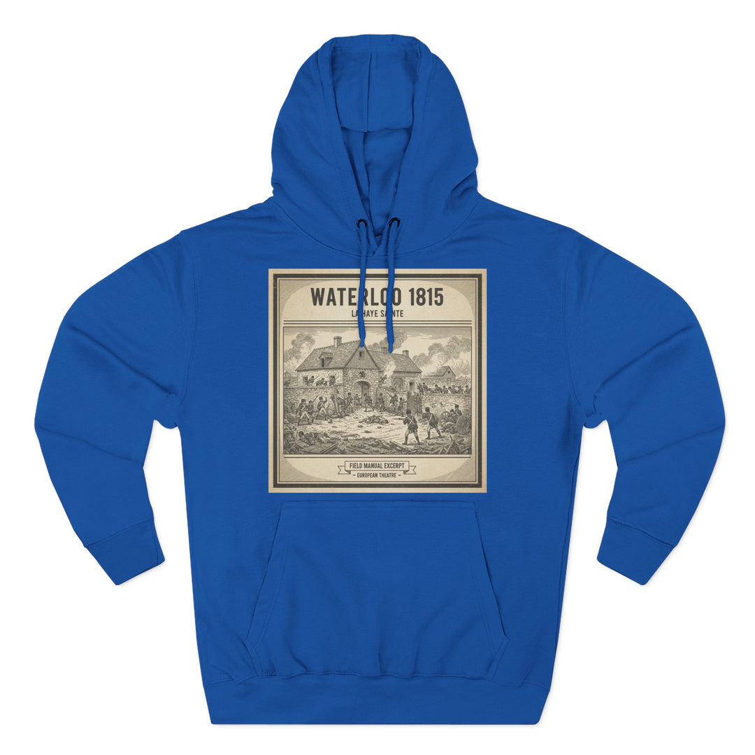 Blue Waterloo 1815 History Hoodie by S&amp;W Gallus featuring a vintage illustration of the battle and its surrounding beige border.