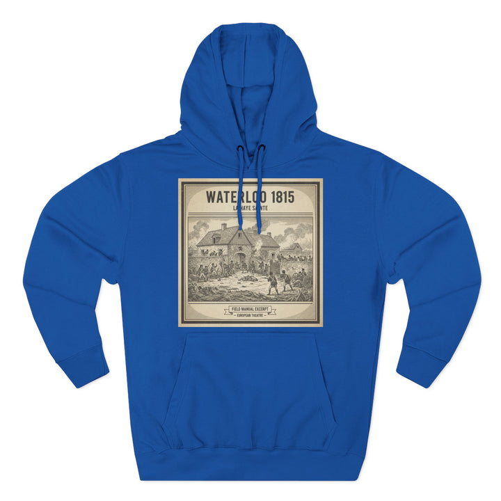 Blue Waterloo 1815 History Hoodie by S&amp;W Gallus featuring a vintage illustration of the battle and its surrounding beige border.