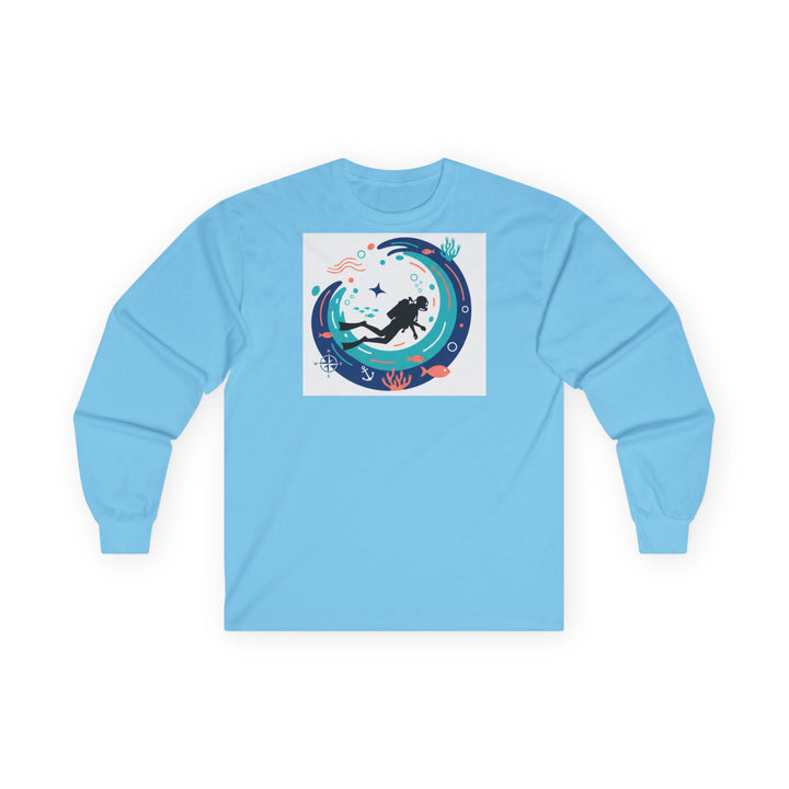 Light blue long-sleeve tee by S&amp;W Gallus with a diver in a wave graphic on the chest.