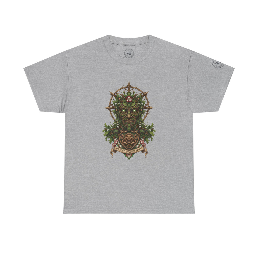 Gray T-shirt by S&amp;W Gallus featuring a mythic green man graphic and "Ancient English Spirit" banner.