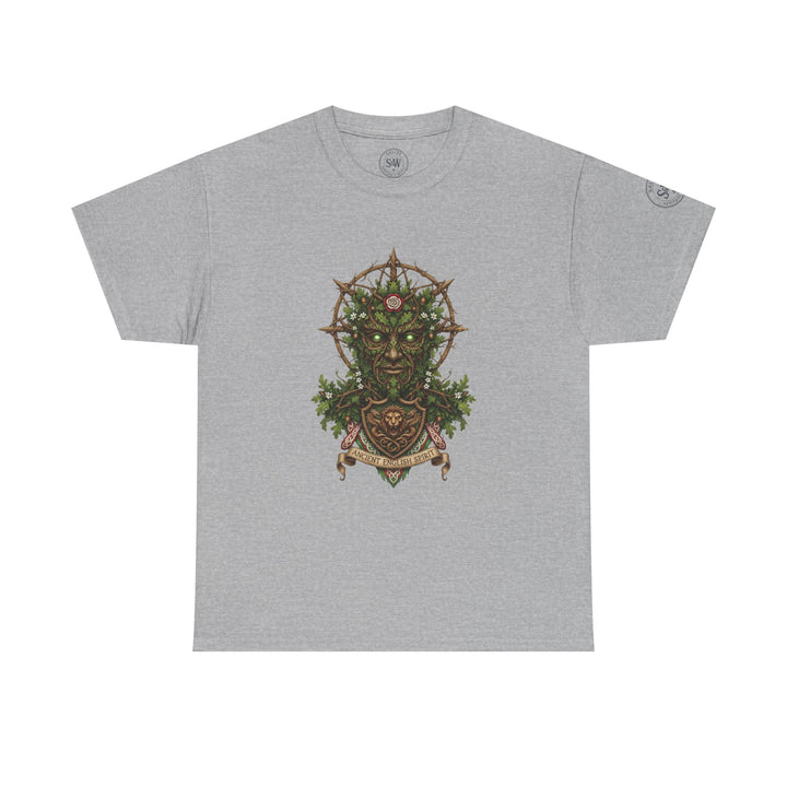 Gray T-shirt by S&amp;W Gallus featuring a mythic green man graphic and "Ancient English Spirit" banner.