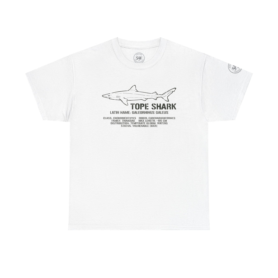 Tope Shark illustration t-shirt by S&amp;W Gallus with text about the shark and its genus.
