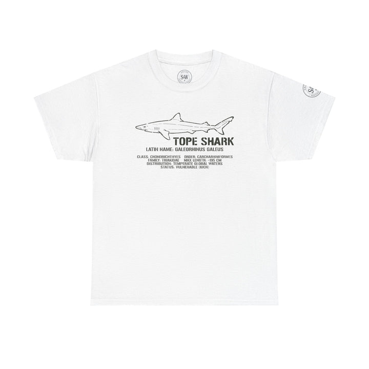 Tope Shark illustration t-shirt by S&amp;W Gallus with text about the shark and its genus.
