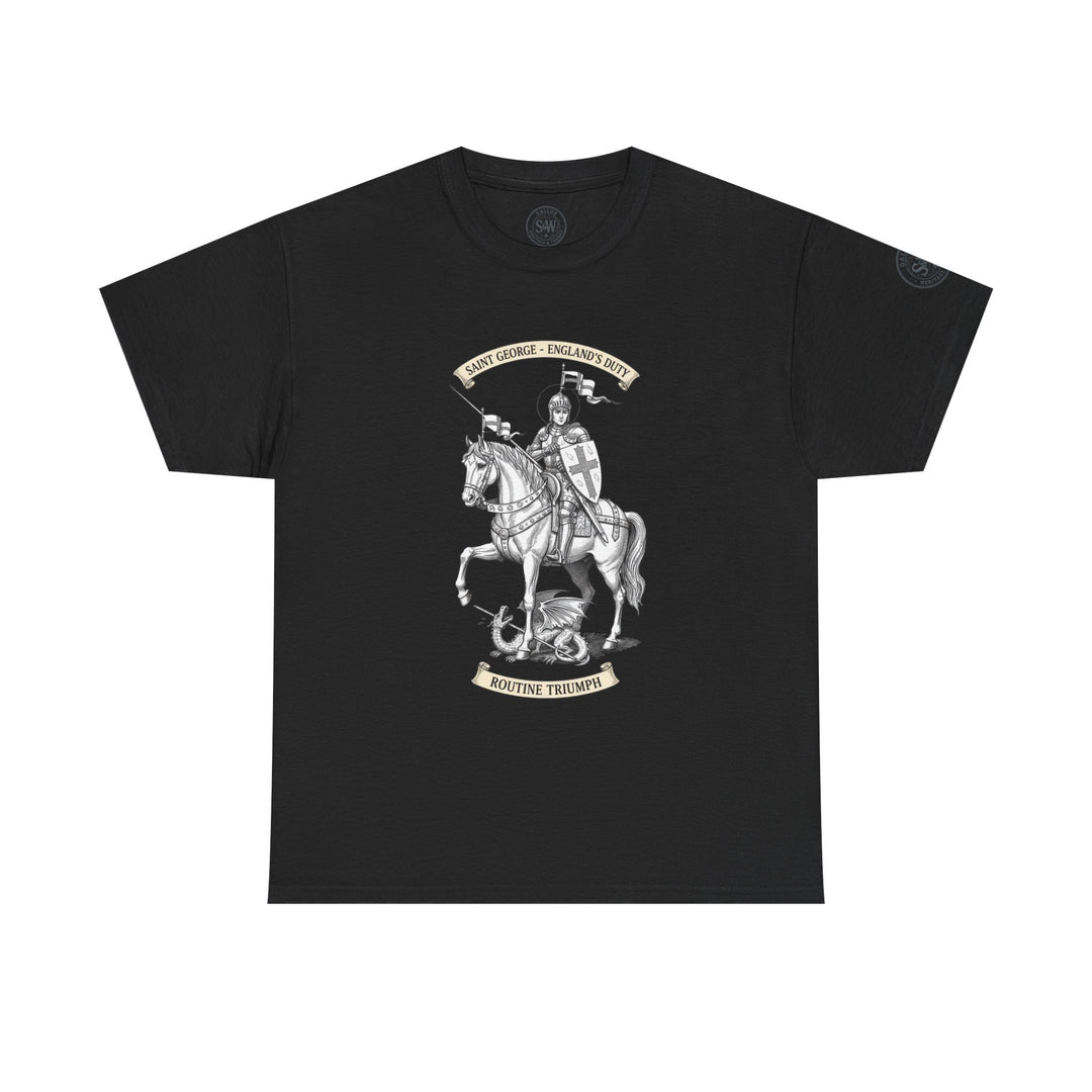 Black England Saint George t-shirt by S&amp;W Gallus, featuring a knight and dragon graphic with decorative text.