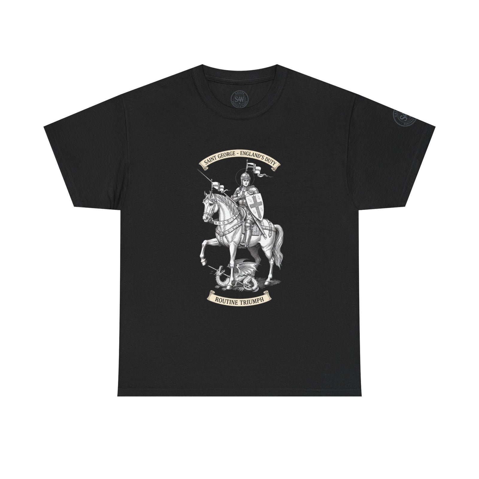 Black England Saint George t-shirt by S&W Gallus, featuring a knight and dragon graphic with decorative text.