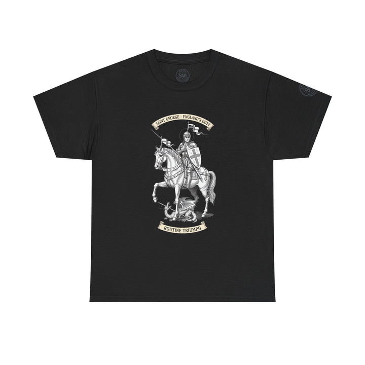 Black England Saint George t-shirt by S&amp;W Gallus, featuring a knight and dragon graphic with decorative text.