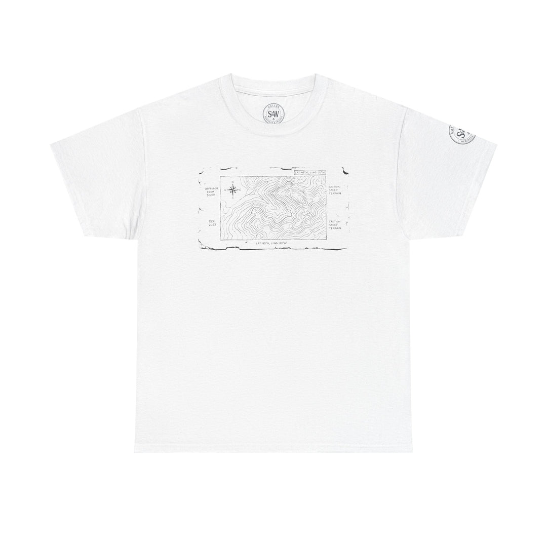 White t-shirt by S&amp;W Gallus, featuring a minimal mountain map graphic on the chest.