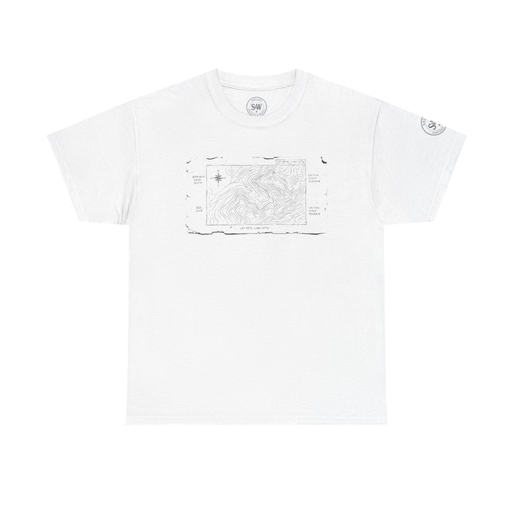 White t-shirt by S&amp;W Gallus, featuring a minimal mountain map graphic on the chest.