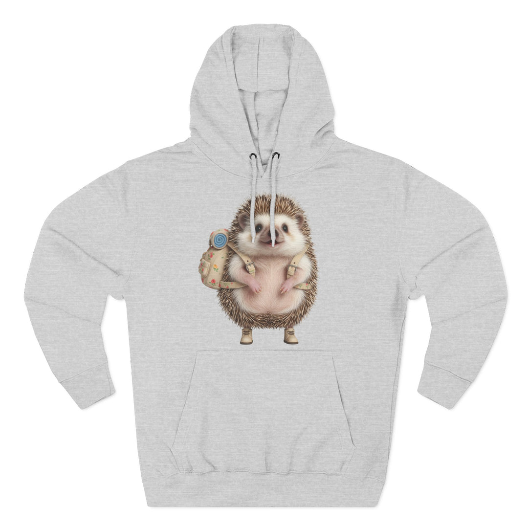 Gray hoodie by S&amp;W Gallus featuring a hedgehog with a backpack in the center.