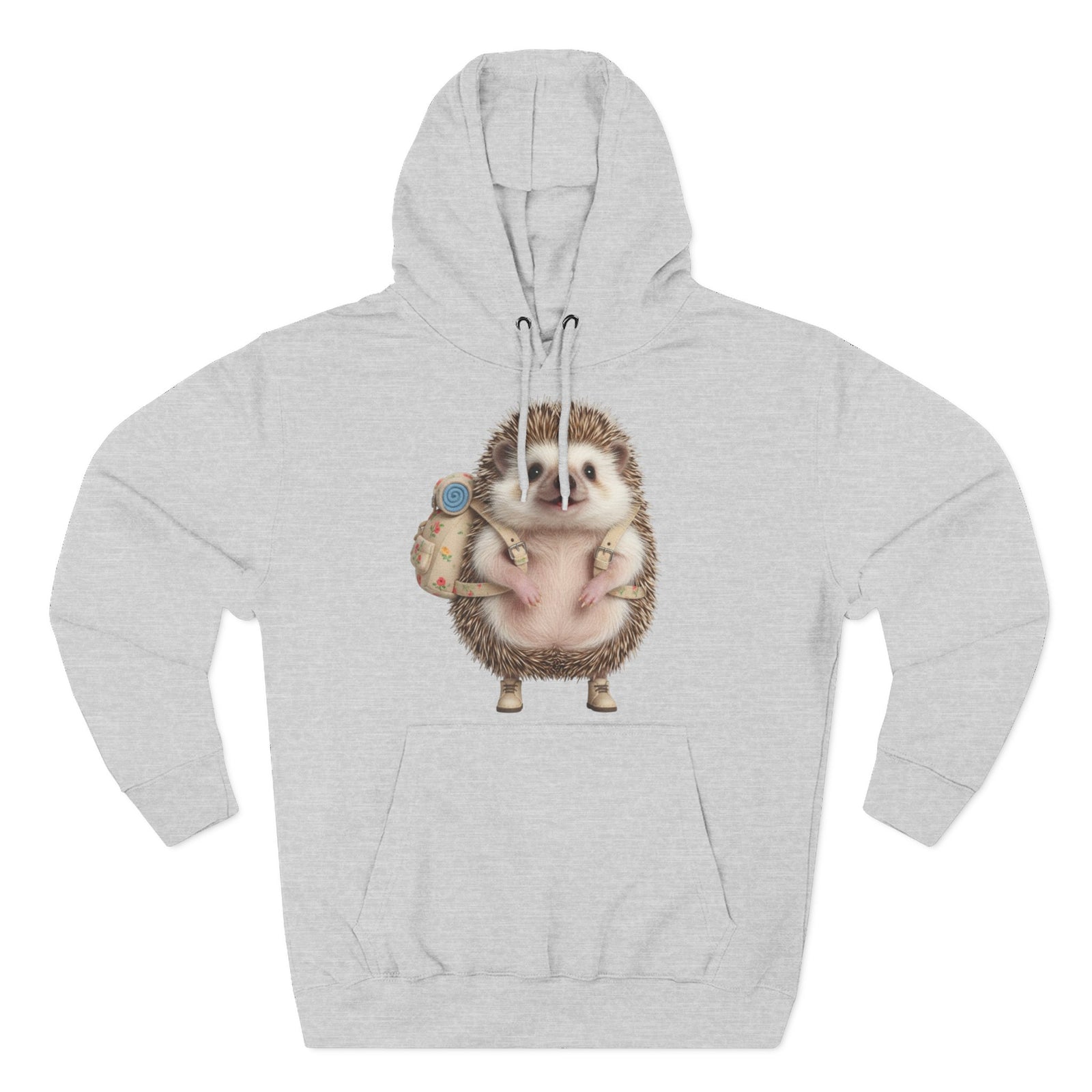 Gray hoodie by S&W Gallus featuring a hedgehog with a backpack in the center.