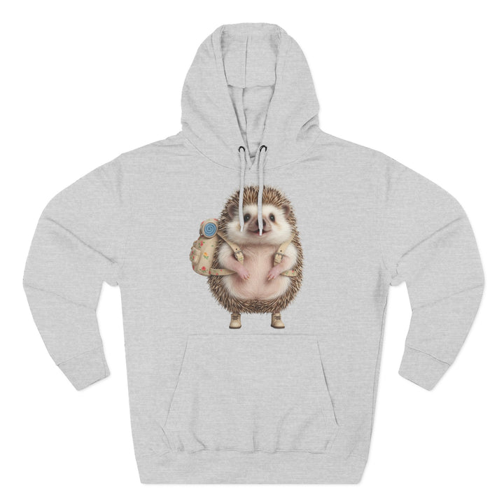 Gray hoodie by S&amp;W Gallus featuring a hedgehog with a backpack in the center.