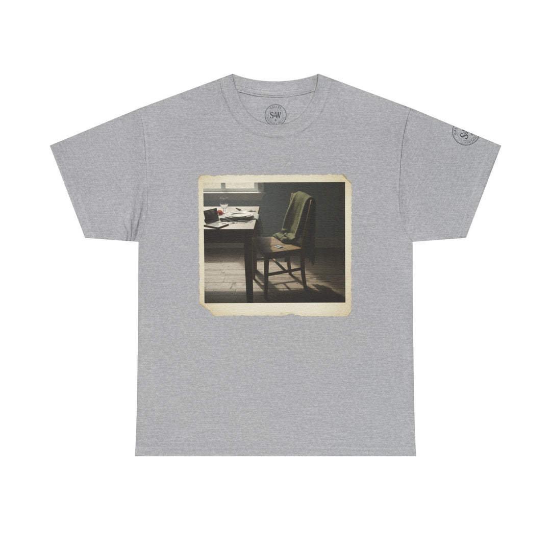 Gray t-shirt with photograph detail by S&amp;W Gallus, featuring a table and chair in a dimly lit room.
