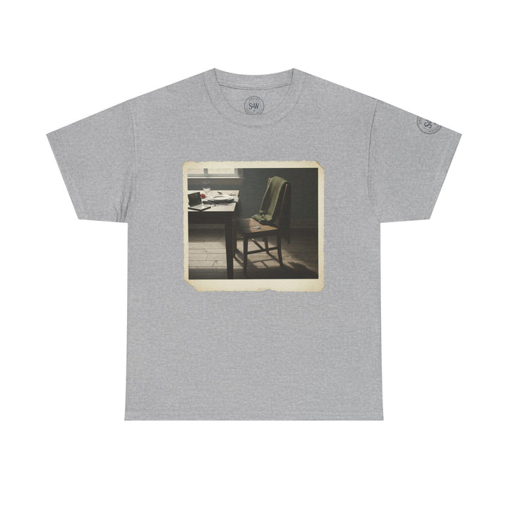 Gray t-shirt with photograph detail by S&amp;W Gallus, featuring a table and chair in a dimly lit room.